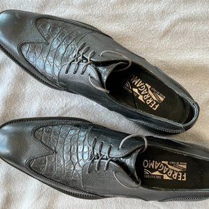 Salvatore Ferragamo Alicante Crocodile Black Alligator Wingtips (rare) Size 10